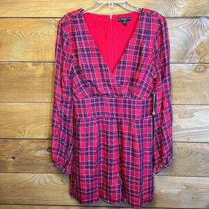 Guess Womens Kingsroad plaid‎ red LS Dacey Romper Summer vneck Y2K streetwear